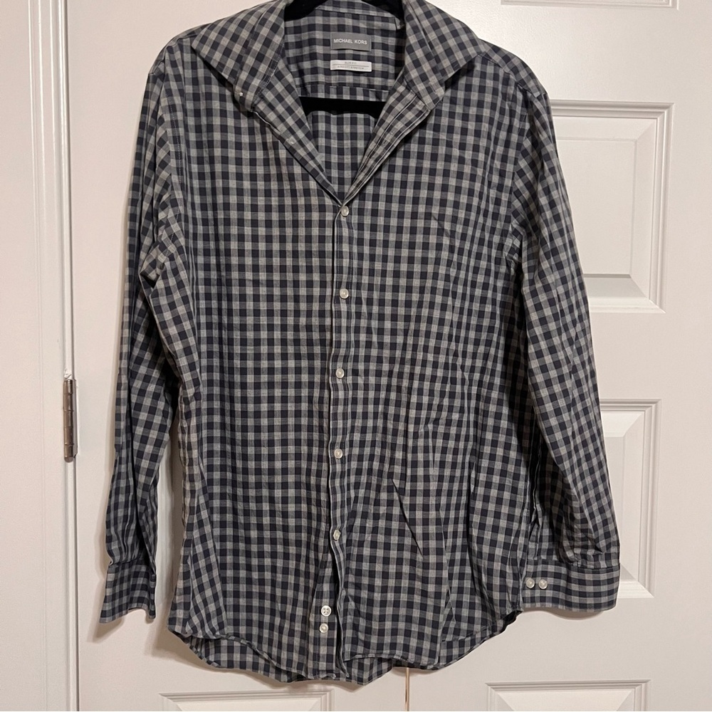 Michael Kors Navy and Gray Plaid Button Down Shirt